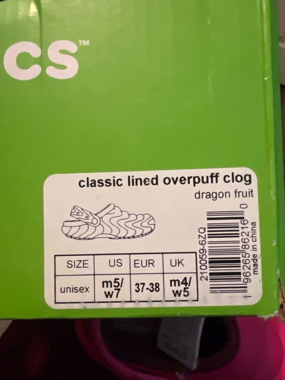 Crocs Classic Lined Overpuff Clog Dragon Fruit Pink Fleece Lined M5 W7 NWT - Picture 5 of 5